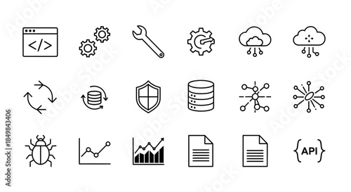 Collection of Thin Line Icons Representing Various IT Concepts for Web Development