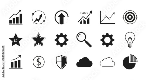 Collection of business and technology icons isolated on white background representing various