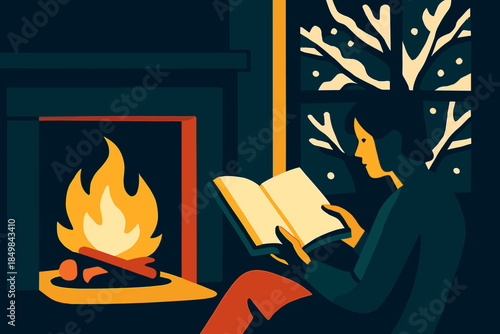 Cozy Reading by Fireplace. Warm solitude. A glowing fireplace casts soft shadows as a reader turns a page,