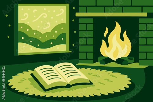 Cozy Winter Reading. Winter reading retreat. A plush rug, open book, and dancing flames form a warm refuge