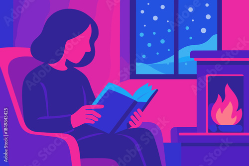 Cozy Fireside Reading. Story by the fire. A reader gently flips a page as the fireplace glows bright, outside
