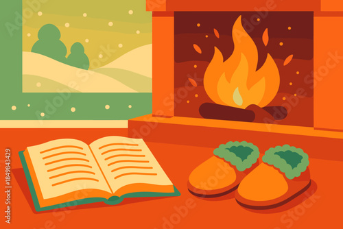 Cozy Winter Retreat. Crackling calm. Cozy slippers, an open book, and dancing fire sparks create a peaceful