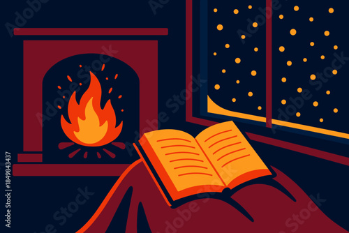 Cozy Winter Reading. Fireplace glow time. A book rests open on cozy knees, fire sparks rising while snowfall