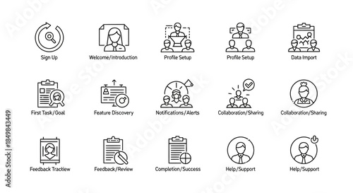 Illustrative icon set representing various business functions and processes in minimalist style