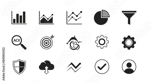 Collection of essential business icons representing data analysis and strategic planning tools