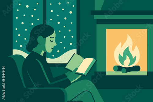Cozy Winter Read. Snowfall and stories. A window filled with drifting flakes contrasts the vivid firelight as