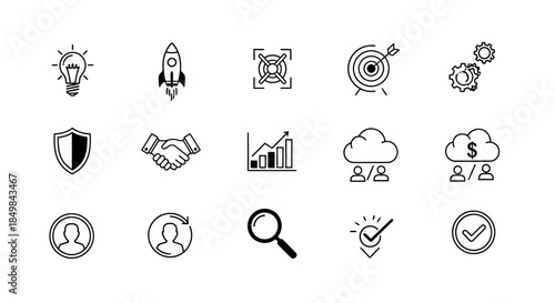 Collection of business icons and symbols in outline style representing various concepts