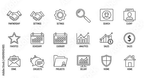 Collection of Business Icons Representing Partnership, Settings, Search, and Analytics elements