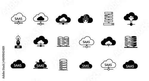 A Comprehensive Collection of Cloud Computing and SaaS Technology Icons Depicted in Black