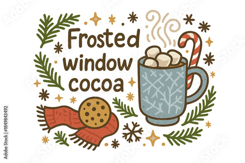 Cozy Winter Cocoa. Frosted window cocoa. Hand-drawn doodle illustration of Frosted window cocoa. Hot drink,