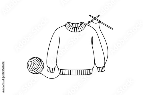 Minimalist Knitting Art. Warm winter knitting with wool yarn and soft textures. Minimalistic one-line drawing