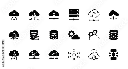 Collection of various cloud computing and data storage icons depicting modern technology