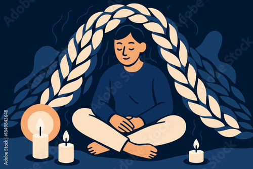 Cozy Candlelit Comfort. Chunky blanket comfort. A person sits cross-legged under thick knitted folds while