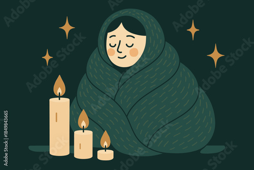 Cozy Evening Ritual. Evening coziness ritual. Character bundled into a deep textured blanket as candles