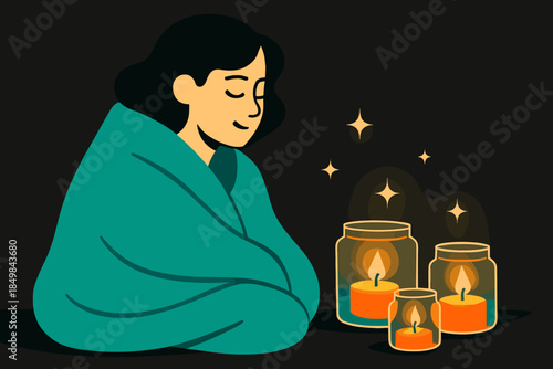 Candlelit Comfort Scene. Soft quiet glow. The blanket wraps tightly while candles in glass jars glow with tiny