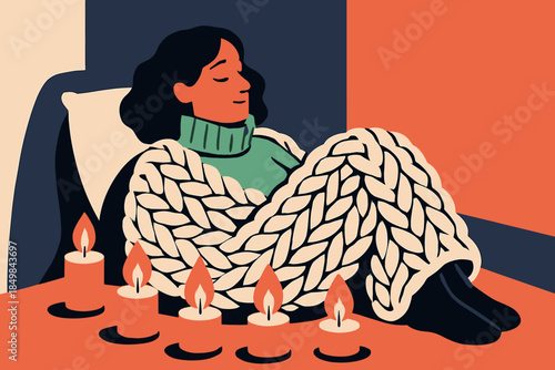 Cozy Candlelit Retreat. Warm corner hideaway. Figure leans back wrapped in chunky knits, candles forming a