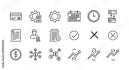 Collection of business and finance related outline icons representing various concepts and tools
