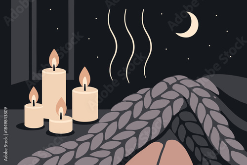Cozy Night Vibes. Calm night atmosphere. Chunky blanket draped over legs, candles arranged neatly, warm rising