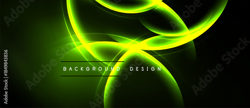 Abstract green light shapes overlap dark background. Modern design elements create dynamic visual effect. Smooth curves suggest energy, motion.