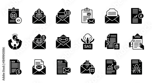 Collection of solid glyph icons representing various business and financial transactions