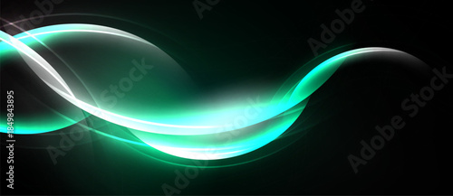 Abstract waves, turquoise glow, dark background. Smooth lines create dynamic visual effect, modern design element.