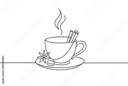 Minimalist Tea Ceremony. Warm tea ceremony on a wooden table with winter spices. Minimalistic one-line drawing