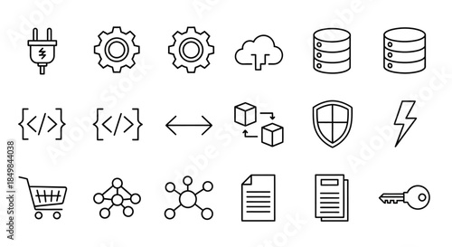 Collection of modern line style icons representing diverse digital and technological concepts