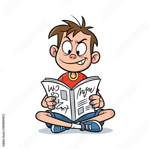 Cartoon happy boy reading a newspaper brimming with playful energy and youthful curiosity