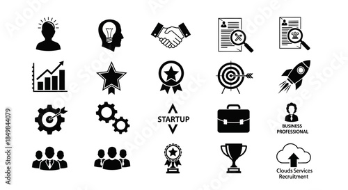 Business and startup concepts represented by vector icons in a clean black and white graphic