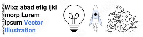 Innovation, creativity, nature inspiration, technology, clean energy, design elements. Black and white sketches of a lightbulb, rocket and flowers. Innovation and creativity concepts