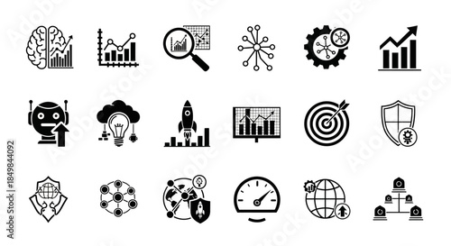 Collection of data analytics icons representing technology and business intelligence
