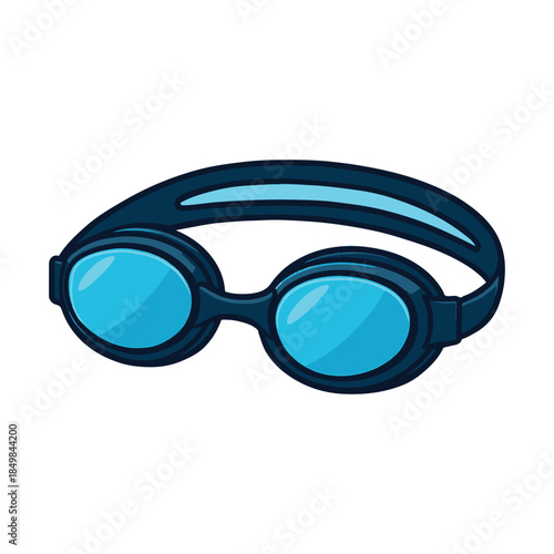 Vector-style illustration of blue swimming goggles with a dark blue strap and light blue reflective lenses. The clean, minimal design emphasizes underwater visibility and safety.