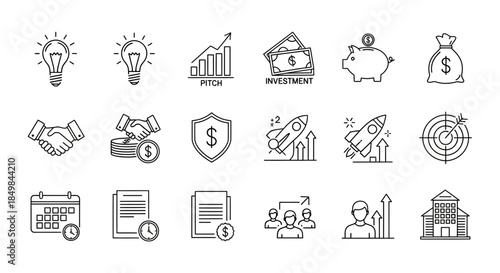 Collection of financial and business investment linear icons representing growth and strategy