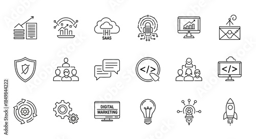 Set of vector line icons representing business, strategy, and digital marketing concepts