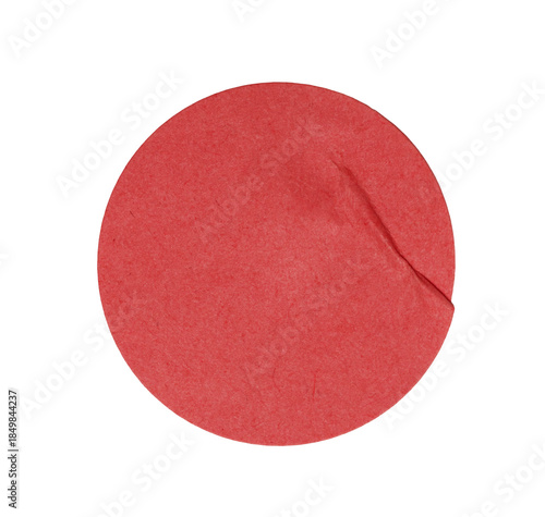 Round red textured paper label sticker with crease, peelable tag transparent background element showing
