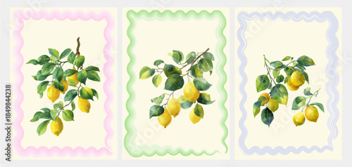 Amalfi lemon watercolor illustration with Italian Mediterranean frame. Summer postcard design showcasing coastal citrus motifs, ornate borders, and classic Italian tile patterns.