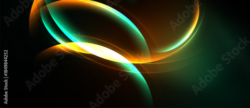 Abstract glowing shapes overlap, creating dynamic light effects. Dark background emphasizes vibrant orange, teal hues. Smooth curves suggest movement.