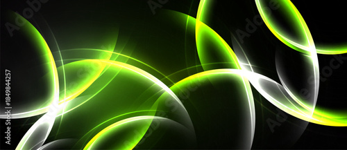 Abstract design features glowing curves, vibrant green hues, plus white highlights against dark background. Dynamic composition creates modern feel.