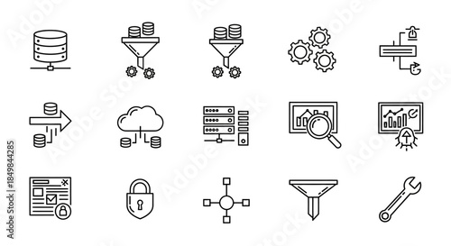 Data management and analysis tools icons showcasing database security and processing techniques