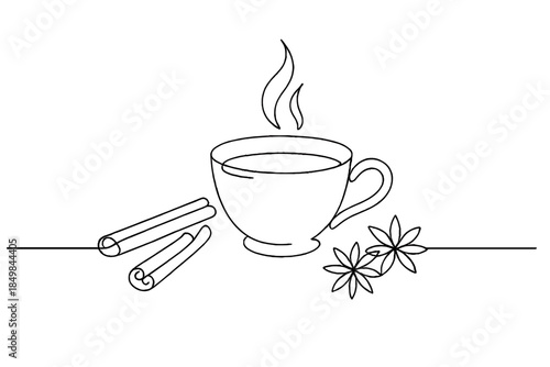 Minimalist Tea Ceremony. Aromatic tea ceremony on a wooden table with winter spices. Minimalistic one-line