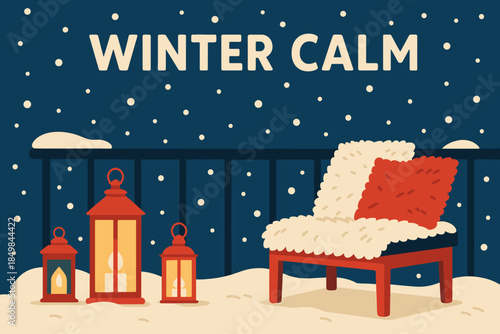 Winter Balcony Serenity. Snowy balcony decorated with lanterns and fuzzy pillows. Soft snowflakes fall as