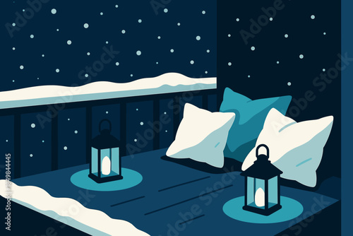 Cozy Snowy Balcony. Cozy snowy nook. Lanterns cast gentle halos over fluffy pillows while fresh snow settles
