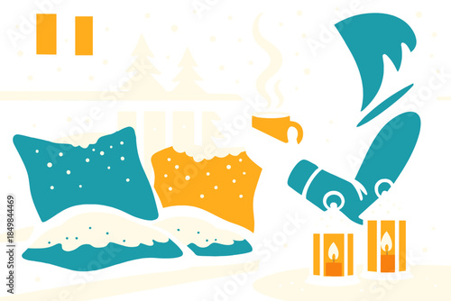 Cozy Winter Balcony. Winter balcony retreat. A figure wraps their hands around a mug while lanterns flicker