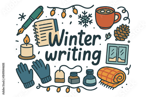 Winter Writing Doodles. Winter writing. Hand-drawn doodle illustration of Winter writing. Fountain pen,