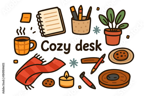 Cozy Desk Scene. Cozy desk. Hand-drawn doodle illustration of Cozy desk. Notebook, lamp, warm mug, pencil cup,