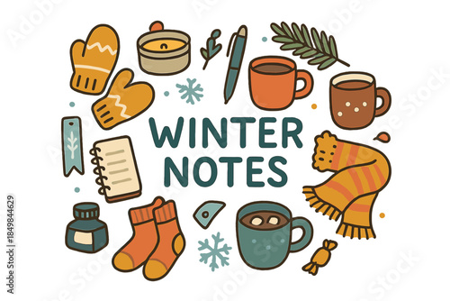 Winter Notes Doodle. Winter notes. Hand-drawn doodle illustration of Winter notes. Notepad, gel pen, tea mug,