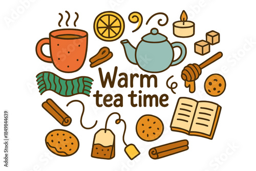 Warm Tea Doodle. Warm tea time. Hand-drawn doodle illustration of Warm tea time. Tea mug, teapot, lemon slice,