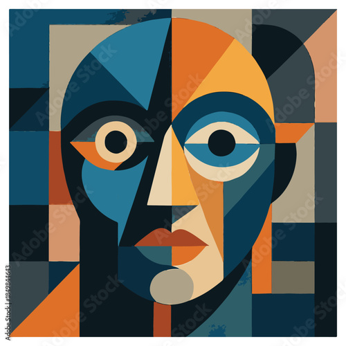 Abstract geometric illustration of a human face composed of triangles, rectangles, and circles in a cubist style. The asymmetrical eyes and bold palette of blue, orange, beige, and black .