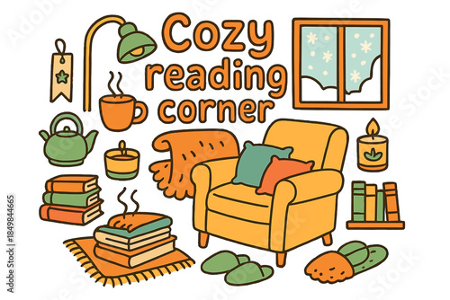 Cozy Reading Corner. Cozy reading corner. Hand-drawn doodle illustration of cozy reading corner. Armchair,