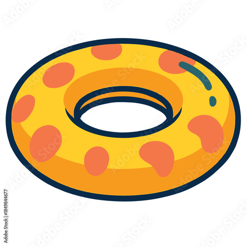 Cartoon-style illustration of a yellow inflatable swim ring with orange spots and a small green mark. The circular float with a hollow center is outlined in dark blue, evoking playful aquatic safety.